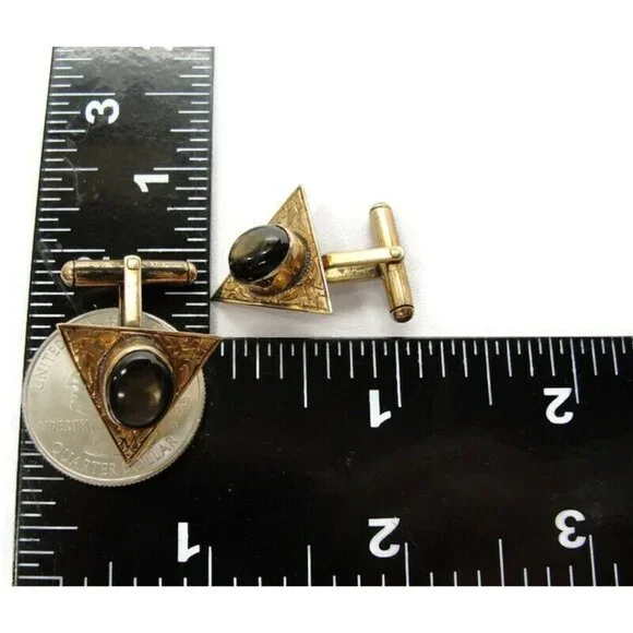 Vintage 10K Gold Black Star Sapphire Cufflinks Triangle Shape Beautiful
